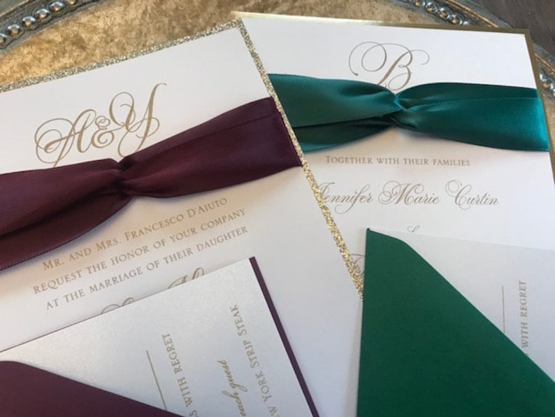 Forest Green Wedding Invitations, Gold Wedding invitations, Ribbon Wedding Invitations, image 2