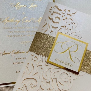 Elegant Ivory and gold Laser Cut Wedding Invitation Set, Laser Cut Pocket Wedding Invitations, Ivory and gold foil wedding invitation set, image 6