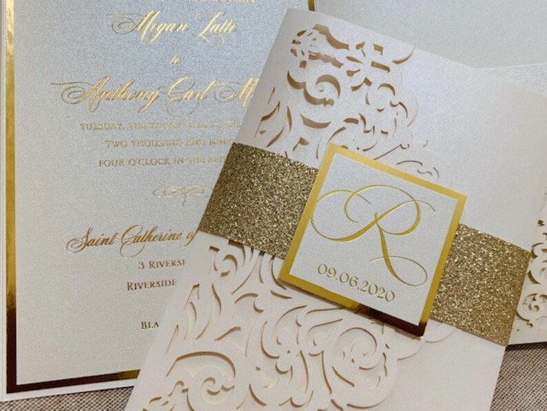 Elegant Ivory and gold Laser Cut Wedding Invitation Set, Laser Cut Pocket Wedding Invitations, Ivory and gold foil wedding invitation set, image 6