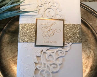 Embossed Ivory Laser Cut Wedding Invitation with Gold Glitter - Black Tie glam wedding invitation suite - SAMPLE