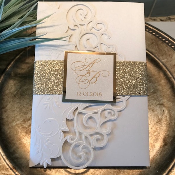 Embossed Ivory Laser Cut Wedding Invitation with Gold Glitter - Black Tie glam wedding invitation suite - SAMPLE