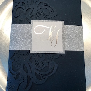 Navy & Silver Laser Cut Wedding Invitation Sample