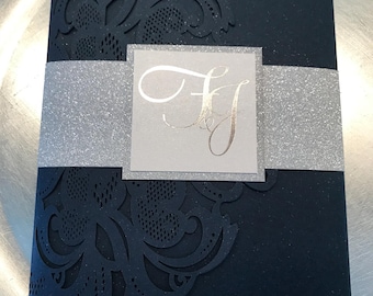 Navy & Silver Laser Cut Wedding Invitation Sample