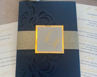 Laser Cut Wedding Invitations, Gold wedding Invitations, Navy and Gold  Wedding Invitation, laser cut Pocket invitations, Gold Foil Invites