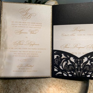 Black and Gold Wedding Invitations, Laser cut wedding invitations, laser cut pocket invitations, black and gold laser cut invitations image 5