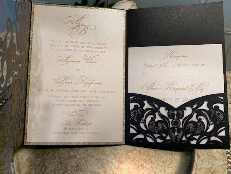 Black and Gold Wedding Invitations, Laser cut wedding invitations, laser cut pocket invitations, black and gold laser cut invitations image 5