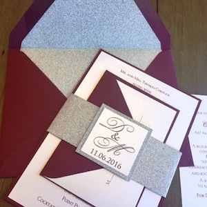 Monogram Burgundy and Silver Wedding Invitation set wrapped with belly band, Burgundy and Silver Glitter Wedding Invitation set - SAMPLE