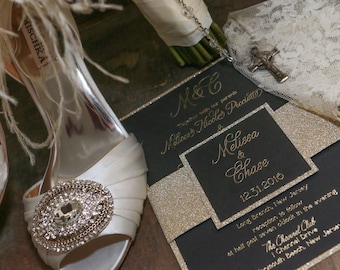 Black & Gold Foil Wedding Invitations: Glitter Sample