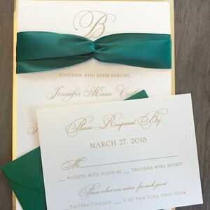 Forest Green Wedding Invitations, Gold Wedding invitations, Ribbon Wedding Invitations, image 3