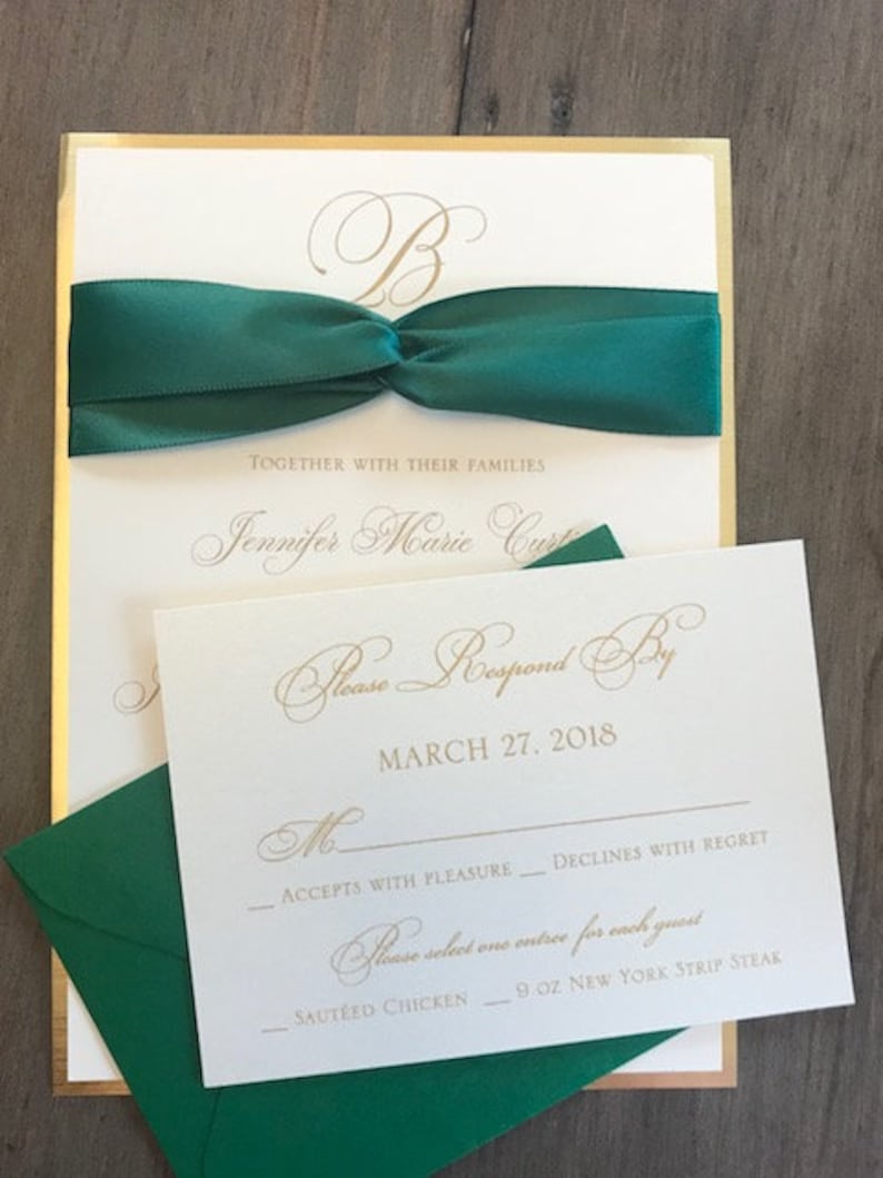 Forest Green Wedding Invitations, Gold Wedding invitations, Ribbon Wedding Invitations, image 3