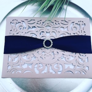 Blush Pink Laser Cut Wedding Invitation Set, Blush wedding stationery invitations, Broach Ribbon invitations, Champagne Pink SAMPLE