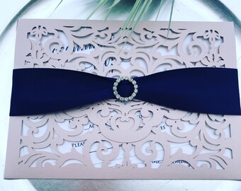 Custom Blush Pink Laser Cut Wedding Invitation Set w RSVP set- Intricate wedding invitations With Rhinestones & Satin Ribbon SAMPLE