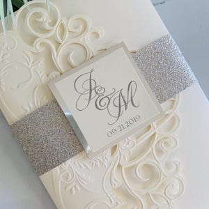 Ivory Laser Cut Pocket Wedding Invitation Set, Laser Cut Pocket Wedding Invitations, Classic Ivory and silver wedding invitations SAMPLE