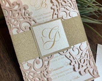 Blush & Gold Laser Cut Wedding Invitation Sample, Lace Wedding Invitation Ivory Elegant Gold Wedding Invite, Vintage Glam SAMPLE