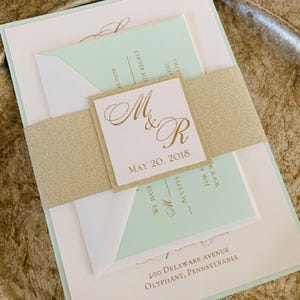 Mint & Gold Glitter Wedding Invitation Suite: Custom Design Sample