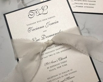 Black and White Classic Wedding Invitation, Silk Ribbon Wedding Invitation, Raw Edge Silk Ribbon Wedding Invitations