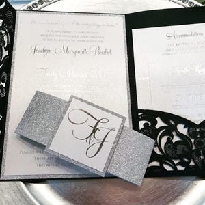 Navy Laser Cut Wedding Invitation: Silver Foil Sample