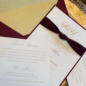 Burgundy Wedding Invitation, Ribbon Wedding Invitation, Wedding invitation, Burgundy and gold wedding invitation, Ivory wedding invitation