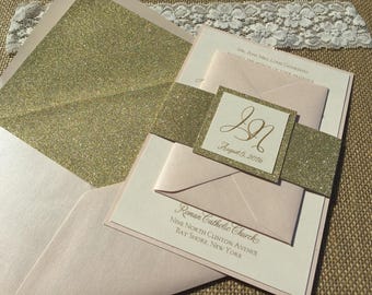 Blush Pink & Gold Glitter Wedding Invitation Set