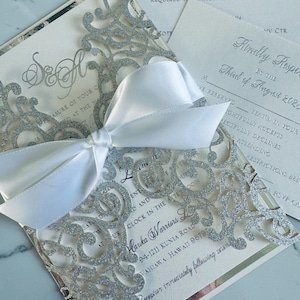 Glam Silver Glitter laser cut wedding invitations, Sparkling Foil Print Laser Cut Wedding Invitation, Silver Foil Wedding Invitations SAMPLE