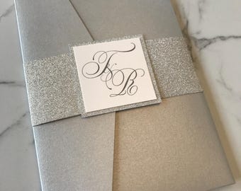 Silver Wedding Invitations, Silver Glitter Pocket Wedding Invitation, Pocket Invitations, Silver Glitter, Glitter invitation, Silver Sparkle