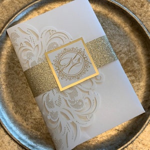 Laser Cut Wedding Invitation Set: Gold Glitter Monogram