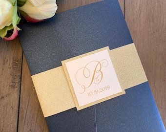 Navy & Gold Glitter Pocket Wedding Invitations