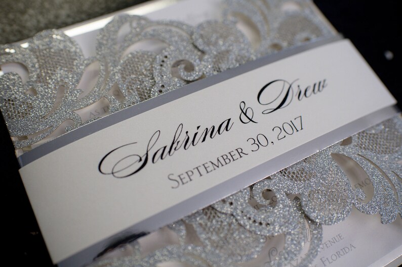 Glitter Wedding Invitations Laser Cut Invitations Silver Etsy