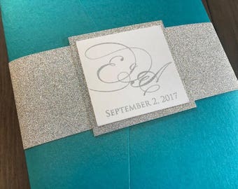 Aqua, Teal or Turquoise Wedding Invitation set with silver glitter in a pocket folder. Teal Wedding Invitation, Turquoise Invites, Malibu