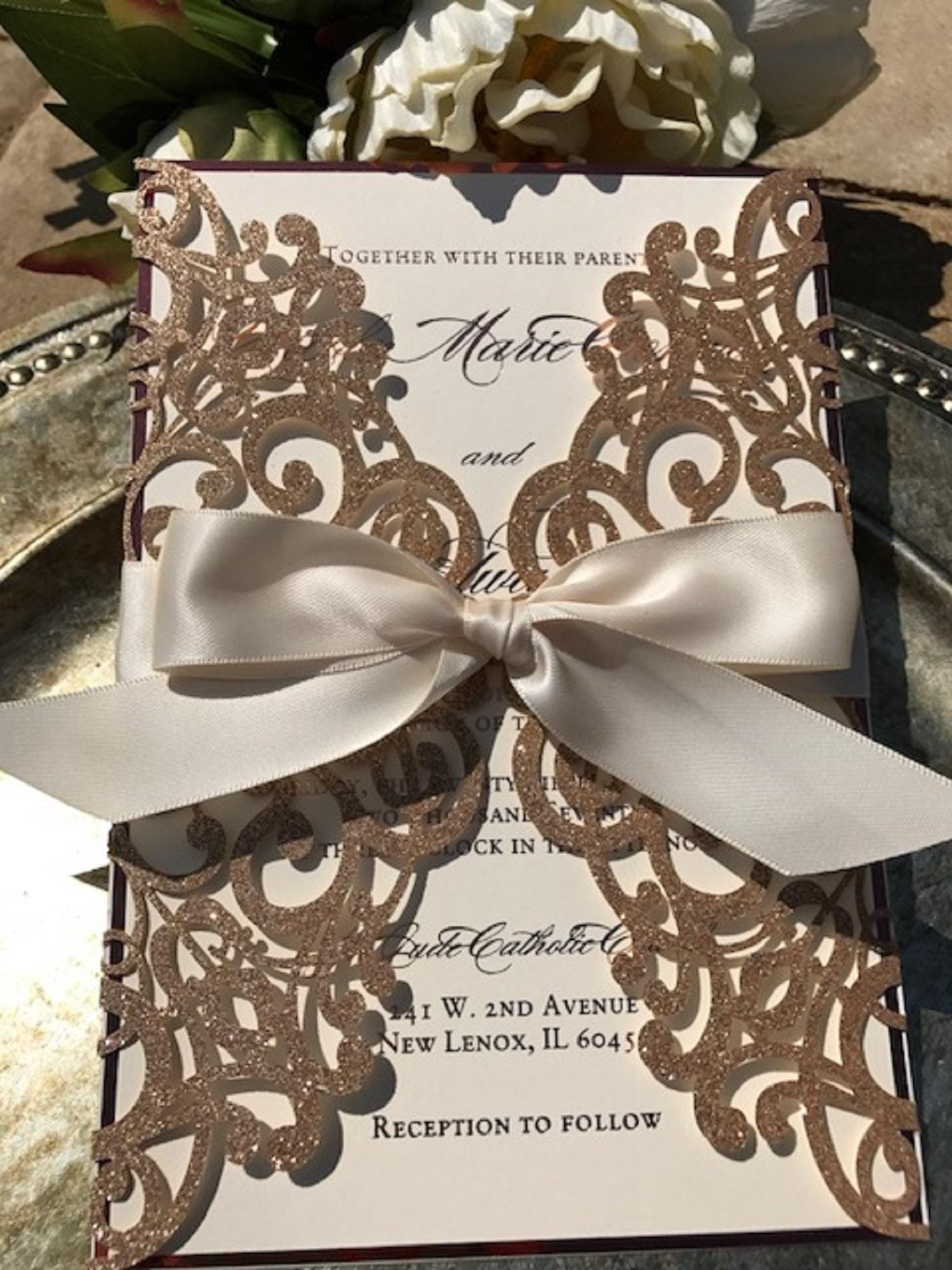 Laser Cut Rose Gold Glitter Wedding Invitation Set, Fancy Rose Gold Foil Laser Cut Invitations, Rose Gold glitter Invitation suite SAMPLE