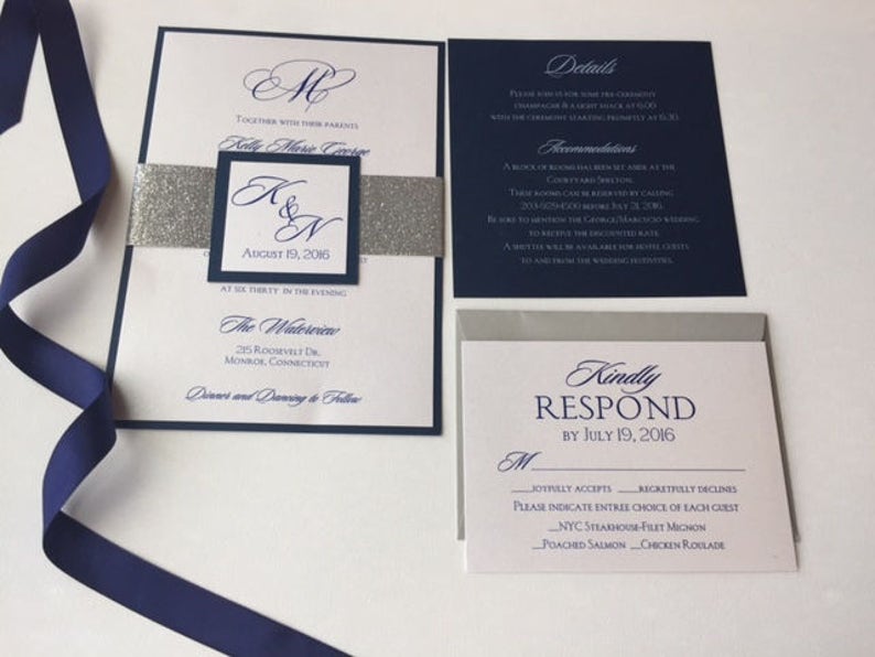Navy Wedding Invitations Silver Wedding Invitations Navy and - Etsy