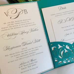 Aqua, Teal or Turquoise Laser Cut Wedding Invitation set with silver glitter in a pocket folder. Aqua Blue Laser Cut Wedding Invitation set image 2