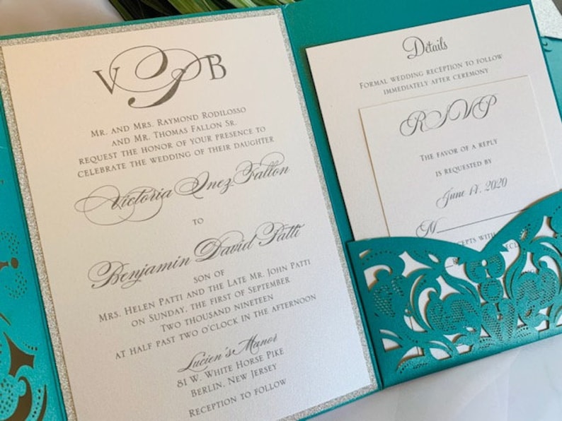 Aqua, Teal or Turquoise Laser Cut Wedding Invitation set with silver glitter in a pocket folder. Aqua Blue Laser Cut Wedding Invitation set image 2