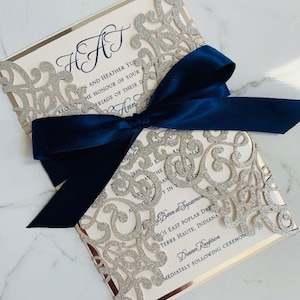 Silver glitter and navy laser cut wedding invitation set, silver and navy wedding invitations