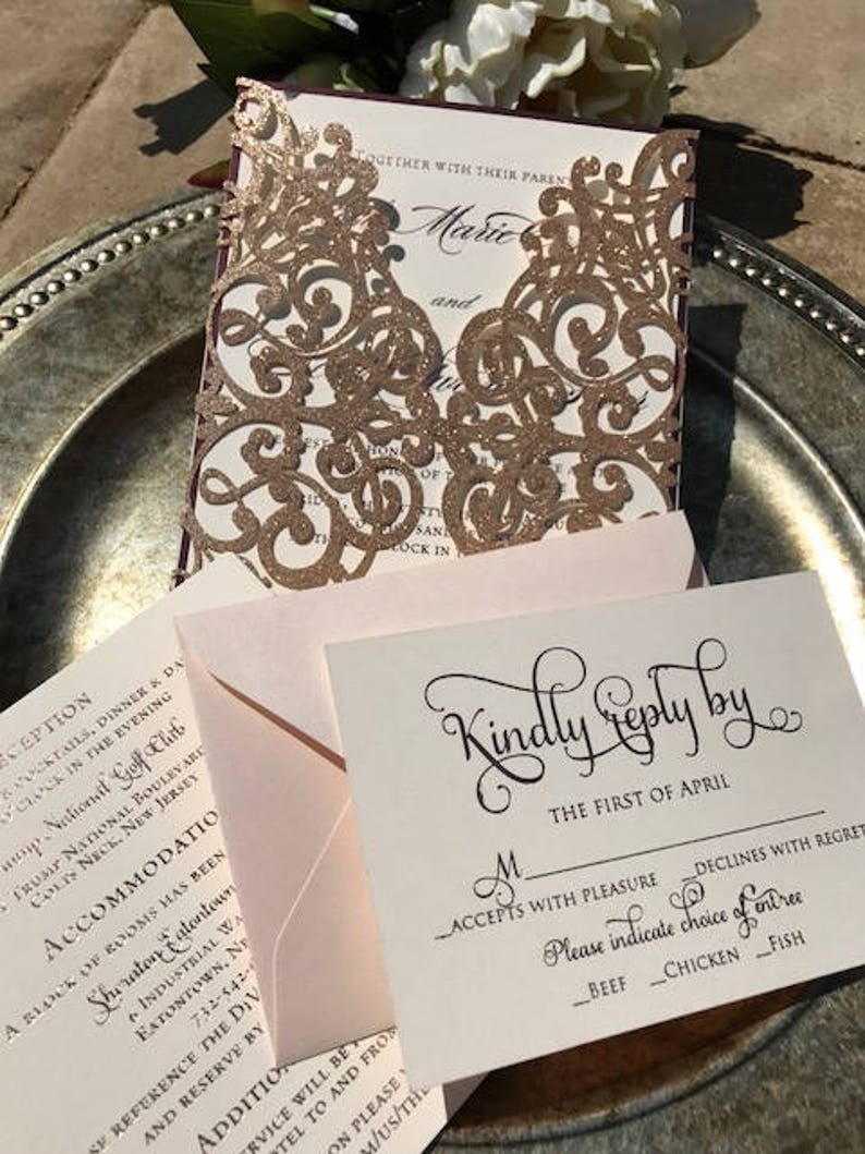 Rose Gold Wedding Invitation Glitter Laser Cut Invitations Etsy