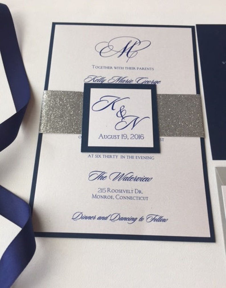 Navy Wedding Invitations Silver Wedding Invitations Navy and Etsy