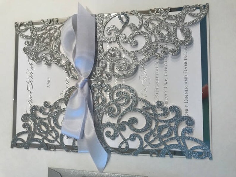 Silver Glitter Laser Cut Wedding Invitations Laser Cut Etsy