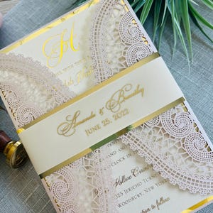 Elegant Gold Foil & Lace Wedding Invitation Suite | Luxury Laser Cut Invitations | Formal Wedding Stationery Champagne Pink  Ivory Vellum