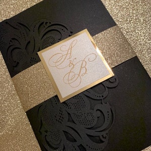 Black and Gold Wedding Invitations, Laser cut wedding invitations, laser cut pocket invitations, black and gold laser cut invitations image 1