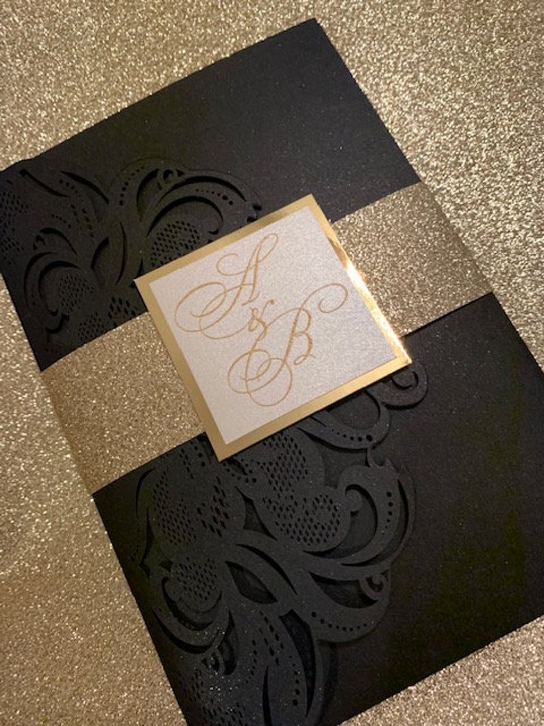 Black and Gold Wedding Invitations, Laser cut wedding invitations, laser cut pocket invitations, black and gold laser cut invitations image 1