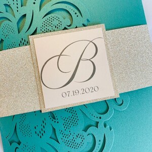 Aqua, Teal or Turquoise Laser Cut Wedding Invitation set with silver glitter in a pocket folder. Aqua Blue Laser Cut Wedding Invitation set image 5