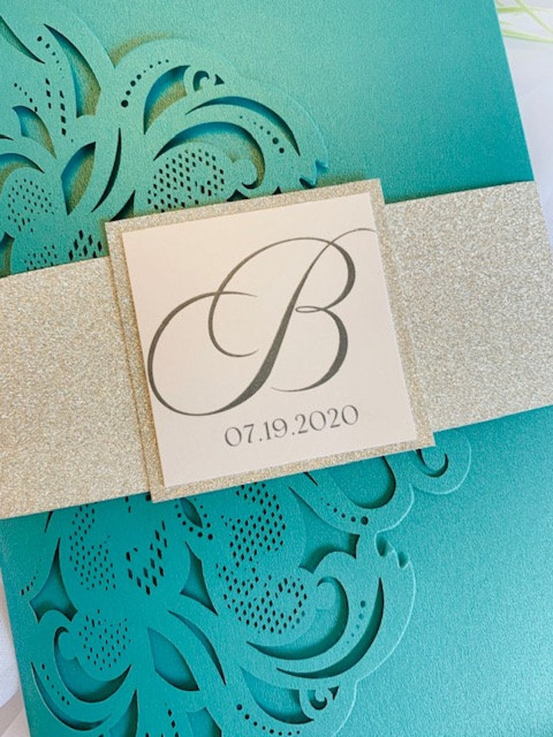 Aqua, Teal or Turquoise Laser Cut Wedding Invitation set with silver glitter in a pocket folder. Aqua Blue Laser Cut Wedding Invitation set image 5