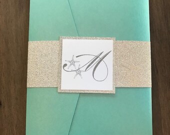 Aqua Starfish Wedding Invitations: Glitter Pocket, Beach Destination