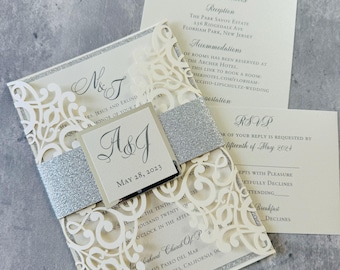 Elegant Silver and Ivory Custom Shimmer Pocket Wedding Invitation - Ivory Lace Laser Cut Wedding Invitation: Ivory & Silver - Sample