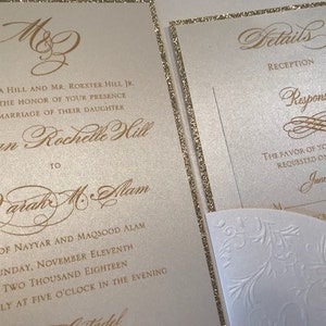 Elegant Ivory Laser Cut Wedding Invitation Set, Laser Cut Pocket Wedding Invitations, Ivory and gold wedding invitation set