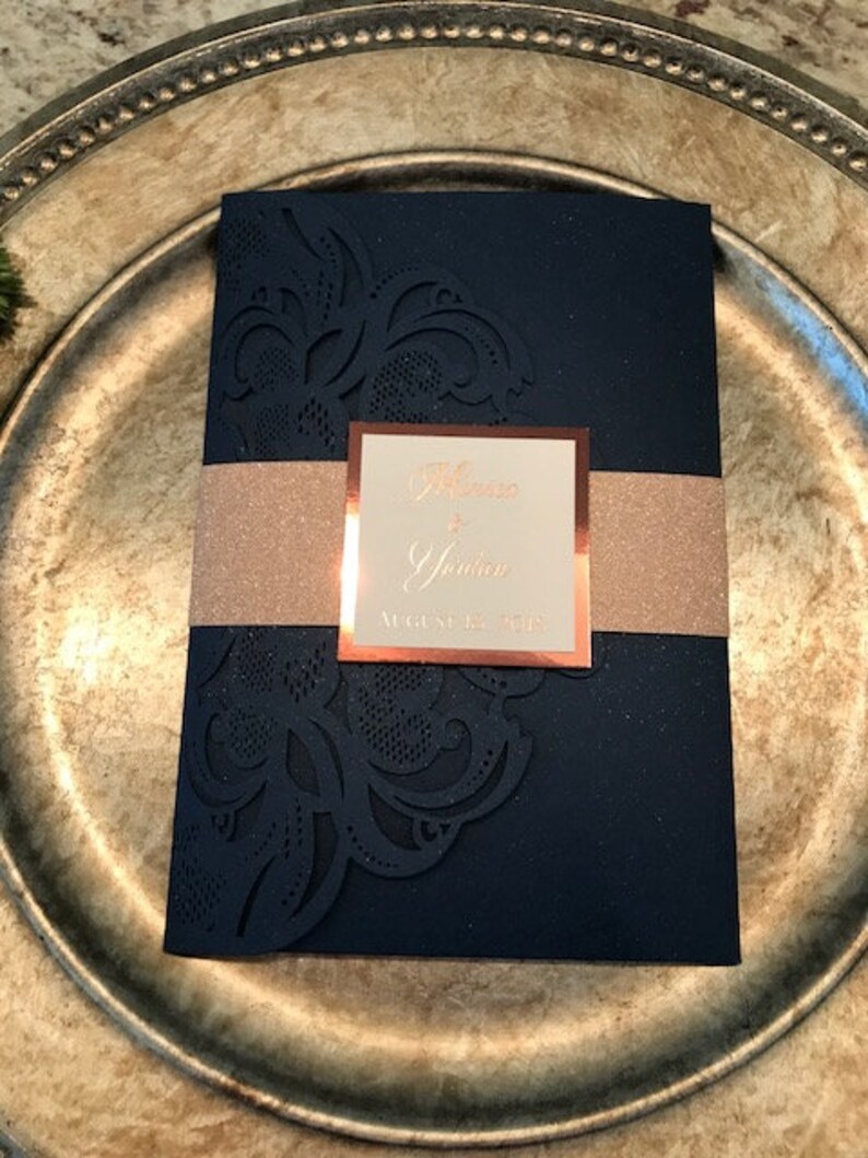 Laser Cut Wedding Invitations Navy and Rose Gold Invitations Etsy