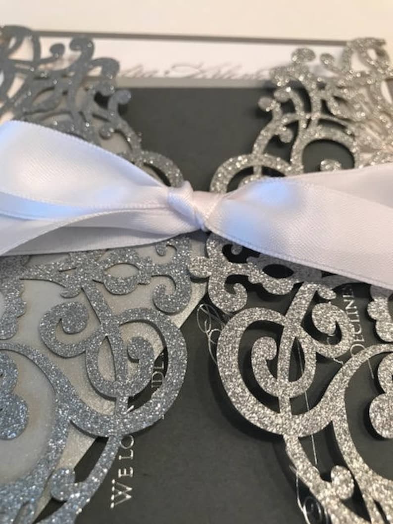 Silver Glitter Laser Cut Wedding Invitations Laser Cut Etsy