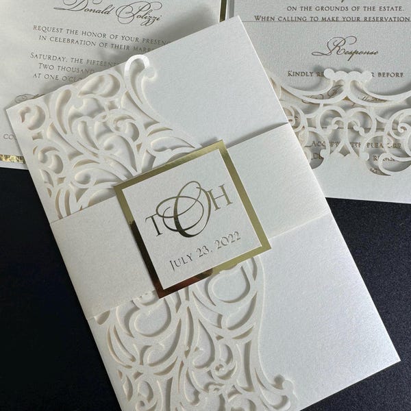 Elegant Ivory Lace Laser Cut Pocket Wedding Invitation Set Laser cut Invitation Vintage Glam