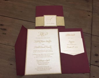 Burgundy Wedding Invitation, Burgundy and Gold Glitter Pocket Wedding Invitation, Pocket Invitations, Marsala Invitation, Wine Invitation
