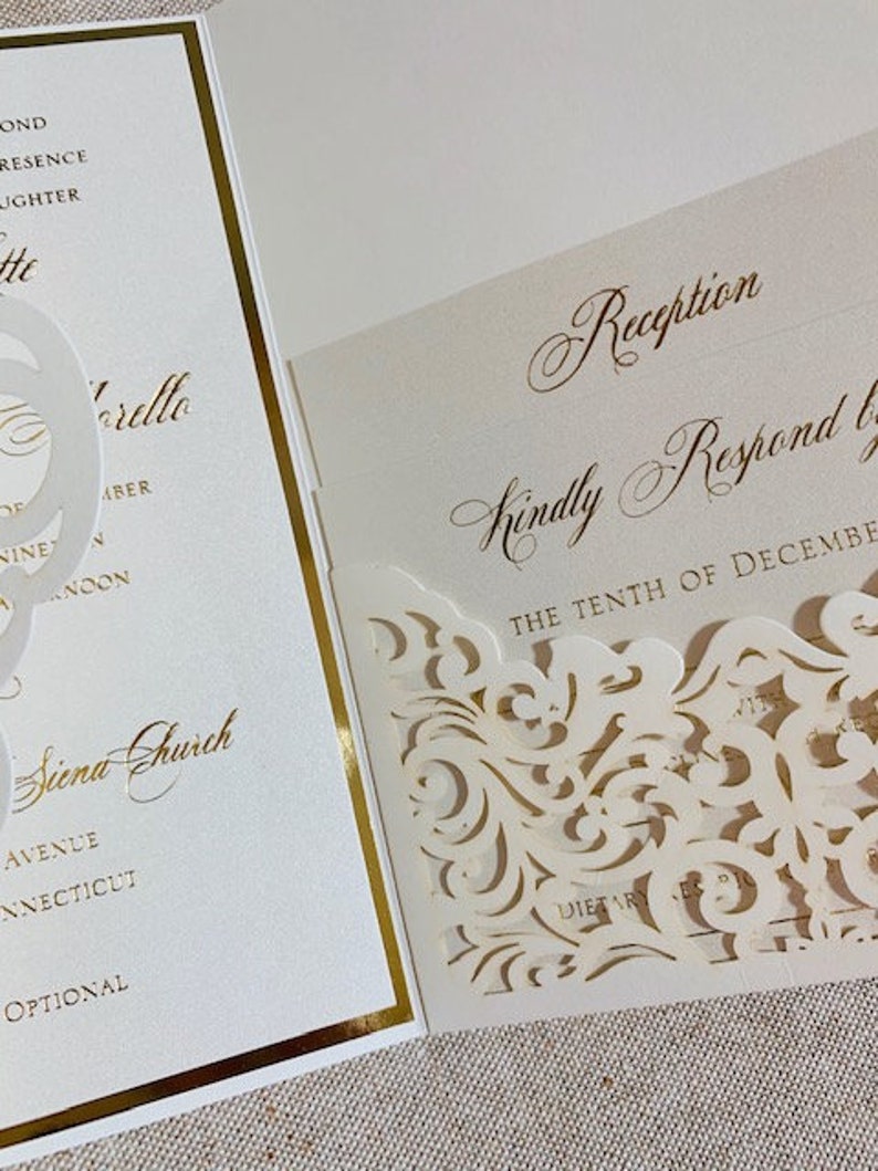 Elegant Ivory and gold Laser Cut Wedding Invitation Set, Laser Cut Pocket Wedding Invitations, Ivory and gold foil wedding invitation set, image 4